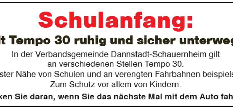 Bild und Text bitten Autofahrer, Tempo 30 zu fahren, besonders in Nähe von Schulen