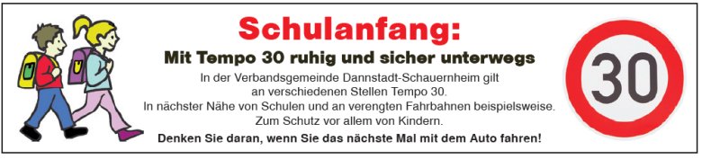 Auf dem Bild wird gebeten anlässlich des Schulanfangs nach den Ferien am 18.08.2025,  bei Schulen und verengten Straßen Tempo 30 zu fahren